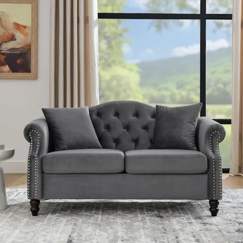 Vista 17 de Juego de Sofá Combinado de Terciopelo Chesterfield de 2 Piezas para Sala de Estar, Sofá de 3 Plazas y Loveseat con Tapizado Capitoné con 4
