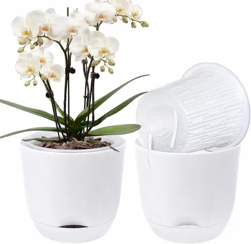 Vista 24 de QCQHDU 2 Pack 5.7 Inch Orchid Pots with Holes for Repotting, Double-Layer and Self Watering Orchid Pot with Good Air Circulation Verde