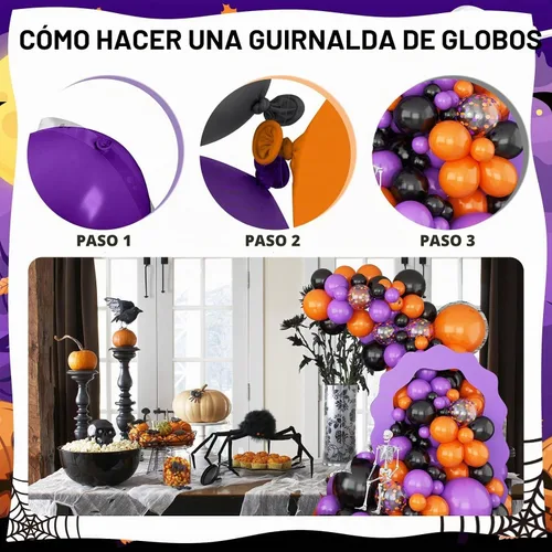 Vista 6 de Jobkoo Kit de guirnalda de arco de globos de Halloween, globos de confeti negro, morado, naranja, globos de confeti de Halloween, cumpleaños, baby