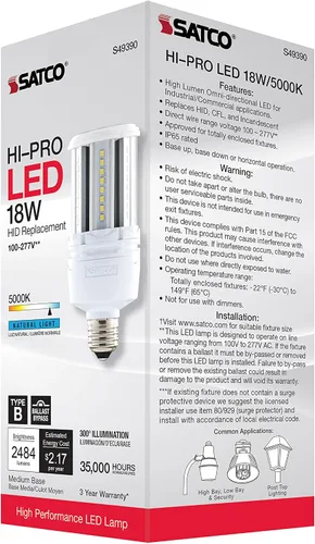 Vista 9 de Satco Bombilla LED de mazorca de maíz de 18 W, repuesto HID para iluminación de garaje y comercial, luz diurna de 5000 K, base E26, derivación