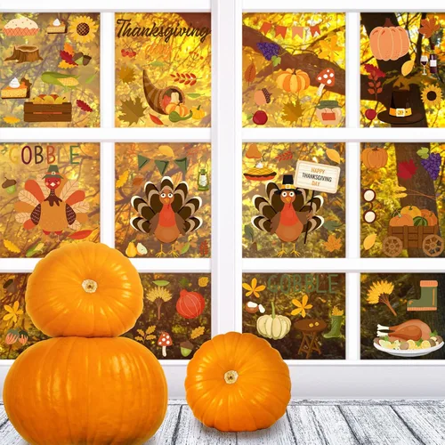 Vista 6 de Qeeenar 115 calcomanías de pared de Acción de Gracias de otoño, calcomanías de hojas de arce de pavo, calcomanías de calabaza de otoño, decoración