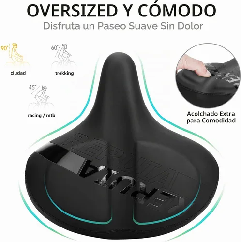 Vista 4 de Asiento de bicicleta grande y cómodo, sillín ancho con absorción de impactos, cojín de bicicleta de ejercicio de gran tamaño con espuma