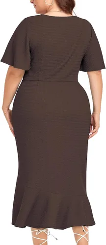 Vista 2 de LALAGEN Vestido de talla grande para mujer, modesto, de manga corta, fruncido, entallado, de sirena, vestido midi de cóctel, 1X-6X