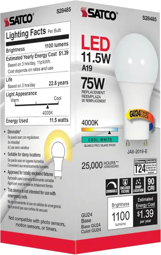 Vista 4 de Satco S28485, 11.5 vatios, 90CRI, 4000K, base GU24, ángulo de haz de 220 grados, 120 voltios, 1100 lúmenes, CEC, bombilla LED A19