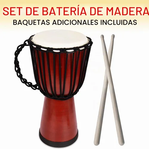 Vista 2 de ArtCreativity Set de tambor Djembe de madera de 16 pulgadas con baquetas, diseño de tambor africano de madera marrón rústico, instrumento musical