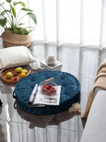Vista 5 de MOJUN Almohada redonda de meditación, almohadas grandes para adultos, almohada redonda gruesa de terciopelo holandés con asa para yoga, sala de Azul