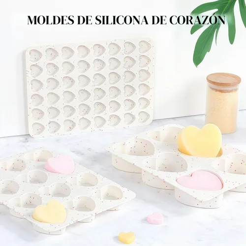 Vista 6 de Moldes de silicona pequeños en forma de corazón de 2 pulgadas para chocolate, caramelo, pastel, jabón (Juego de 2, crema)