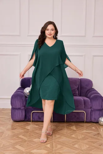 Vista 3 de Hanna Nikole Vestido de cóctel de gasa para mujer, talla grande, con volantes, manga 34, vestidos de fiesta de invitados de boda con dobladillo alto