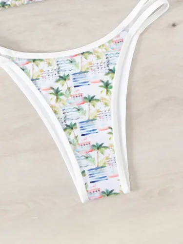 Vista 3 de WDIRARA Traje de baño de dos piezas con estampado tropical y triángulo halter para mujer
