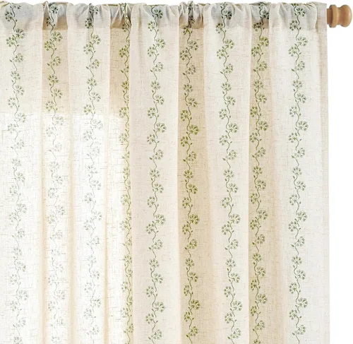 Vista 16 de Lazzzy Cortinas de lino floral verde con bolsillo para barra de granja, 50 Charlotte Verde