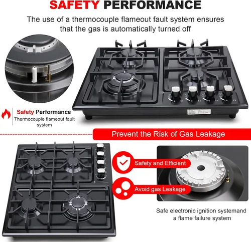 Vista 4 de FORIMO Placa de cocina de gas de 22 pulgadas, estufa de gas integrada de 4 quemadores de acero inoxidable con kit de conversión de GN/LPG
