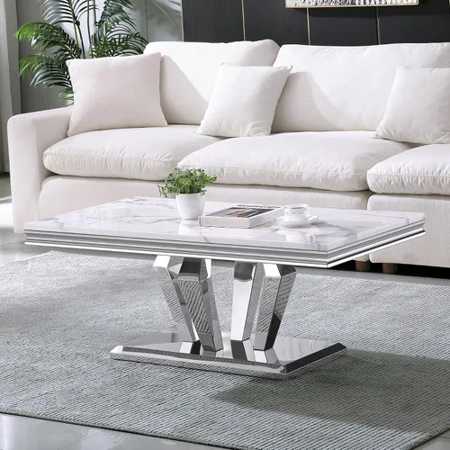 Vista 27 de Mesa de centro de mármol negro Henf de lujo, mesa auxiliar rectangular de mármol sintético de imitación con base de acero inoxidable dorado