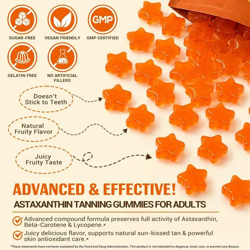 Vista 5 de Gomitas bronceadoras, suplemento de bronceado sin sol para mujeres y hombres, con beta-astaxantina, caroteno, licopeno, colágeno y vitaminas