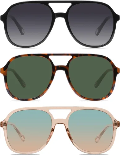 Vista 13 de YDAOWKN Retro Aviator Sunglasses for Womens Mens 70s Double Bridge Sunnies 2 Tintes Negro/Gris+Negro/Amarillo