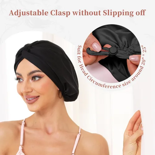 Vista 62 de Gorro de satén de seda ajustable para envolver el cabello para dormir, gorro de dormir de doble capa, turbante nocturno para cabello largo y rizado