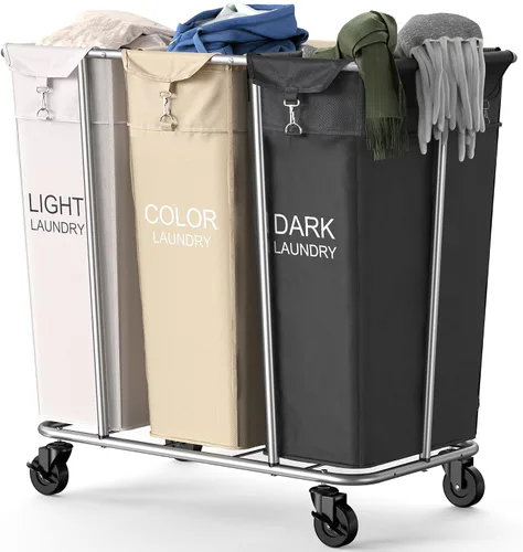 Vista 11 de PLKOW - Cesta de lavandería con ruedas de 120L, carrito de lavandería resistente con bolsa impermeable extraíble, cesta de ropa con estructura