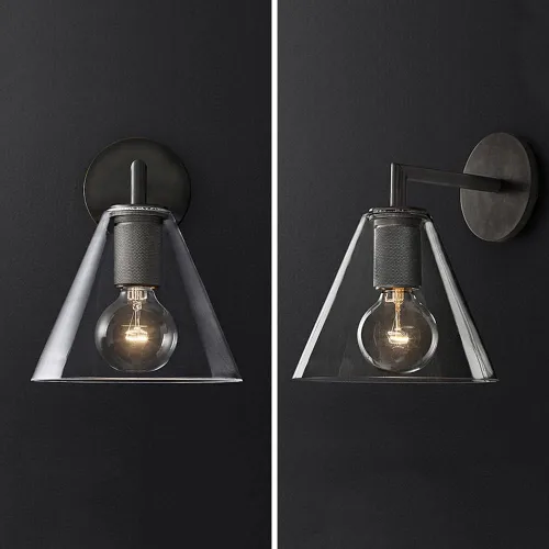 Vista 2 de Lámpara de pared industrial vintage para tocador con embudo de vidrio transparente, lámpara retro de metal montado en la pared E27, accesorios