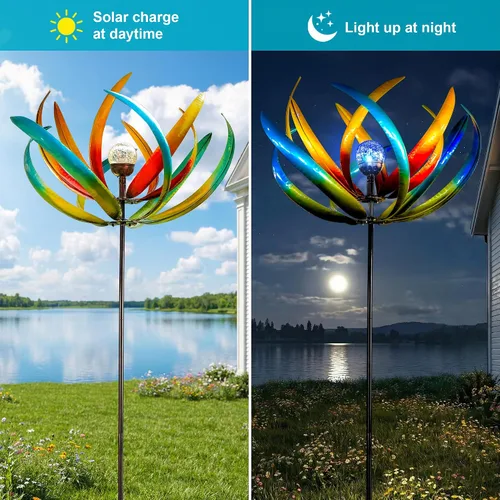 Vista 4 de Molinillo de viento solar grande de 83 pulgadas para exteriores, escultura de flor de tulipán de metal con bola de vidrio LED multicolor, arte