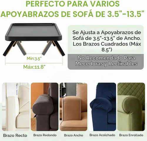 Vista 3 de Mesa de Brazo de Sofá SINWANT, Bandeja de Brazo de Sofá de Bambú para Respaldo, Bandeja con Clip de 13.78" para Sofá para Sala de Estar, Snack