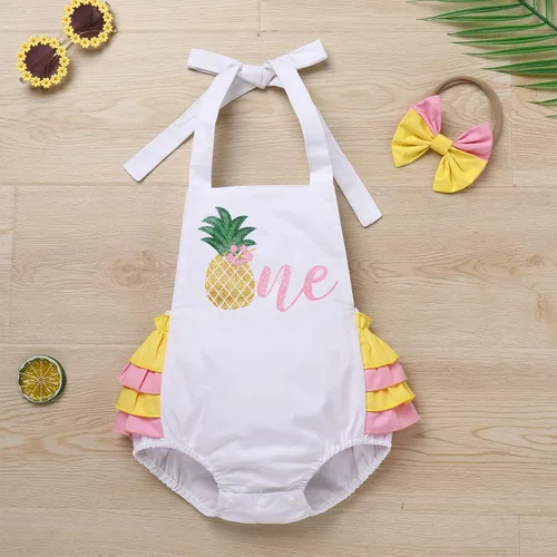 Vista 2 de IMEKIS Conjunto de ropa para bebé niña de primer cumpleaños con diadema de verano para sesión de fotos