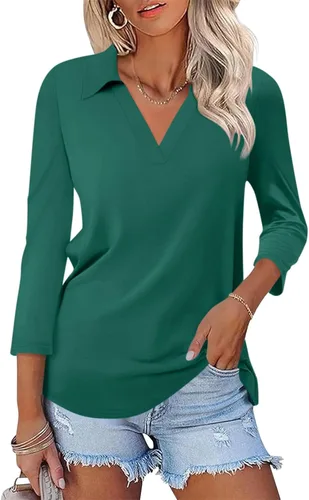 Vista 26 de TICTICMISS - Camisas polo de cuello en V para mujer, manga 3/4, con cuello, tops casuales de negocios, tops de verano a la moda, holgados