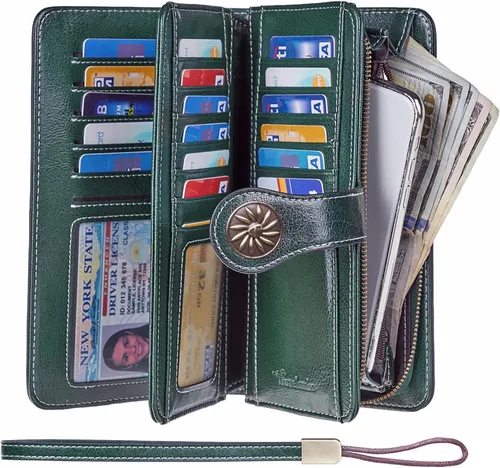 Vista 2 de Travelambo Cartera de mujer con bloqueo RFID para tarjetas de crédito, cartera de cuero de gran capacidad