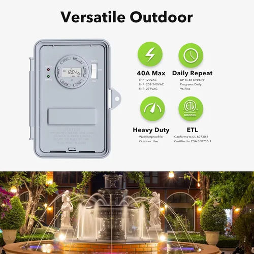 Vista 4 de BN-LINK Temporizador de bomba de piscina, caja de temporizador digital para exteriores, resistente programable de 7 días, 2 HP 40 A máximo, 120
