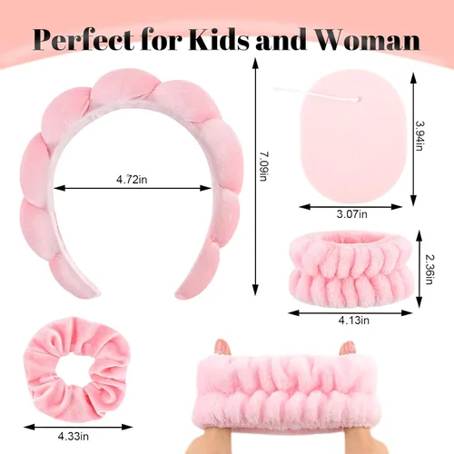 Vista 4 de CAVETEE Diadema de maquillaje para mujer, cuidado de la piel rosa para lavar la cara, lindo spa hinchado con banda elástica y esponjas faciales