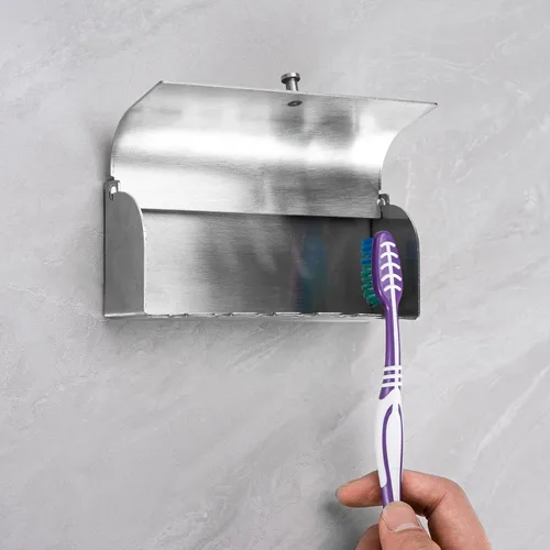 Vista 2 de Linkidea Soporte para cepillos de dientes con cubierta para baño, ducha, acero inoxidable, autoadhesivo, 6 ranuras, organizador de cepillos