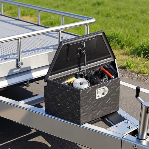 Vista 8 de VEVOR Caja de lengua para remolque, caja de herramientas de lengua de remolque resistente, organizador de almacenamiento con cerradura y llaves