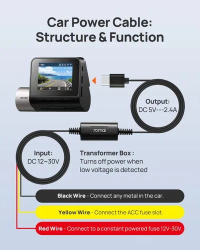 Vista 7 de 70mai Hardwire Kit UP03, cámaras de tablero tipo C de 10 pies, 12V-30V a 5V/2.4A, protección de bajo voltaje 11.8V, fuente de alimentación