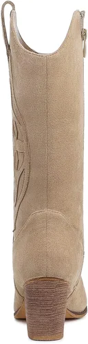 Vista 5 de SHIBEVER Botas vaqueras para mujer Medio Botas vaqueras negras de pantorrilla ancha con bordado occidental de tacón alto con punta redonda