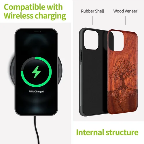 Vista 5 de Carveit Funda de madera para iPhone 11 Pro Max [madera real dura y TPU suave negro] a prueba de golpes, protector de teléfono de madera único