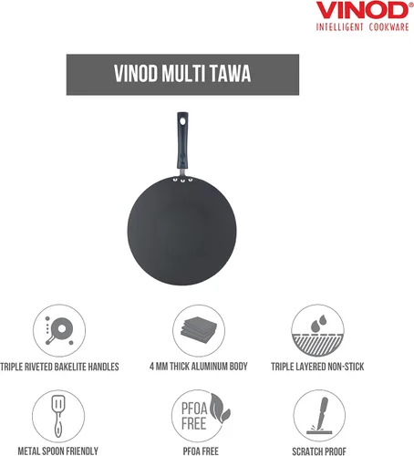 Vista 3 de Vinod Cookware - Plancha de cocina plana multi (Tawa) con base de inducción, sartén antiadherente 100% de aluminio con superficie antiarañazos