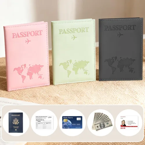 Vista 7 de 3 soportes para pasaporte para viajes, funda de pasaporte familiar, soporte para libro de pasaporte con rosa, negro y verde para tarjeta de crédito