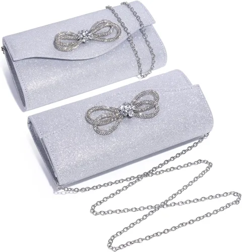 Vista 3 de DETARA Bolso de noche para mujer, con lazo de cristal brillante, con solapa, bolso de mano para mujer, boda, fiesta, baile de graduación