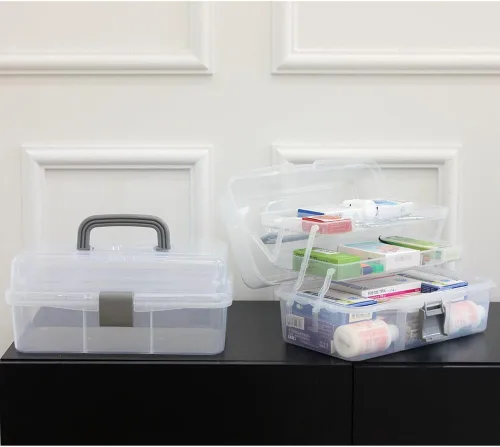 Vista 5 de Bandejas de 2 niveles, caja organizadora de contenedores de almacenamiento de plástico gris transparente, funda de transporte portátil multiusos