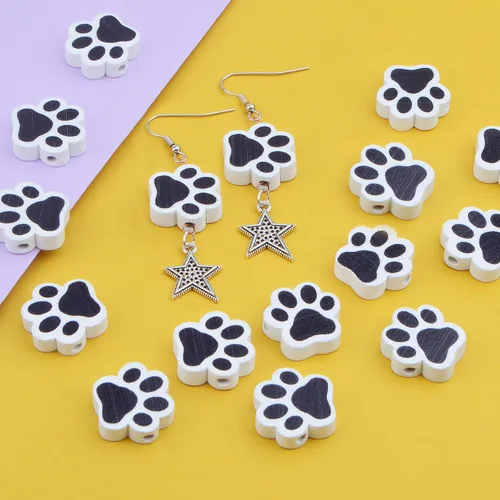 Vista 7 de 100 cuentas espaciadoras de madera con forma de huella de perro para mascotas, cuentas espaciadoras de madera en blanco y negro para hacer joyas