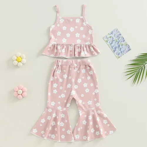 Vista 3 de Ropa de verano para bebé niña, sin mangas, estampado floral, correa acanalada, parte superior acampanada, pantalones de 2 piezas