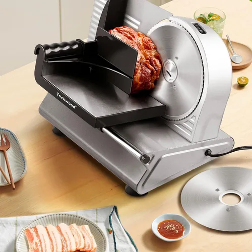 Vista 8 de Techwood - Cortador eléctrico de 150 W para uso doméstico con 2 cuchillas extraíbles de acero inoxidable de 7.5 pulgadas, cortador de pan de frutas