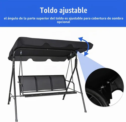Vista 9 de TANGKULA Columpio de patio para 3 personas, marco de acero con toldo ajustable de ángulo de poliéster, banco de columpio resistente a todo