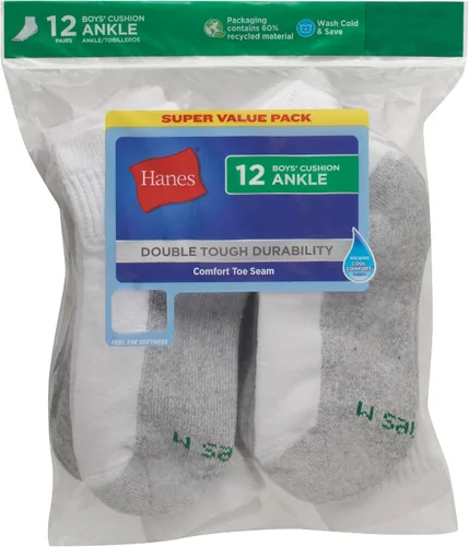 Vista 6 de Hanes Calcetines para niños, tobillo acolchado doble resistente y invisible, paquetes de 12 pares