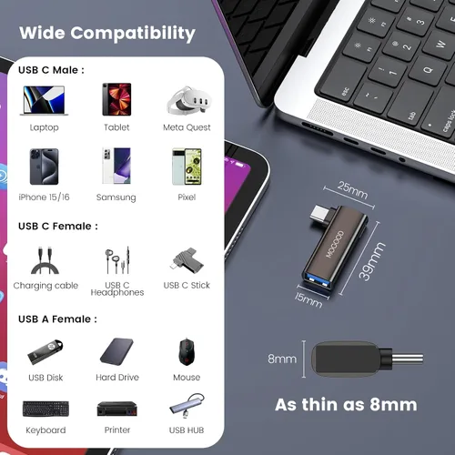 Vista 7 de MOGOOD - Adaptador USB C OTG 2 en 1 con carga PD de 100 W Puerto USB 3.0, ángulo recto, para Galaxy S24, Quest 3, iPad, Chromecast, Pi-KVM, datos