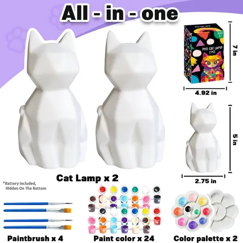 Vista 2 de FUNZBO 2 piezas Pintar tu propia lámpara de gato - Suministros de arte y manualidades, kits de pintura de gatitos para niños y adolescentes, juguete