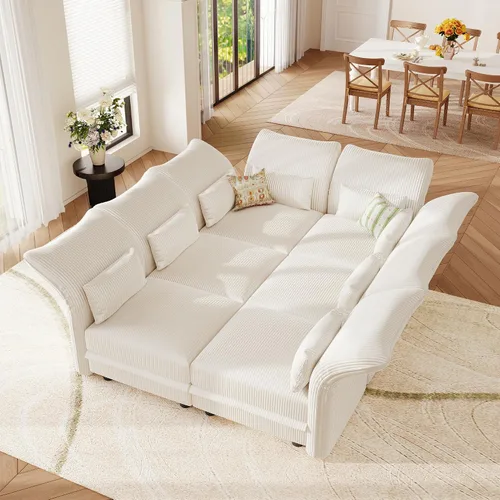 Vista 31 de LLappuil Sofá seccional beige con almacenamiento, sofás modulares de pana para sala de estar con apoyabrazos ajustables, cojines de felpa gruesos, 6