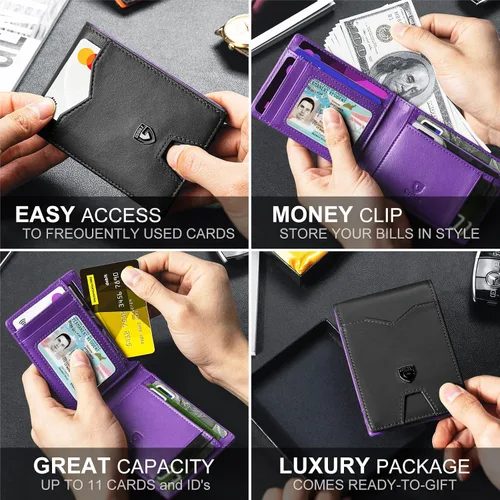 Vista 3 de GSOIAX Billetera delgada para hombre, minimalista, de piel auténtica, fibra de carbono, bloqueo Rfid, doble tarjetero con caja de regalo, Negro