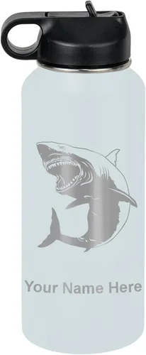Vista 13 de LaserGram Botella de agua personalizada, gran tiburón blanco, acero inoxidable de doble pared aislada al vacío con popote superior, regalo grabado
