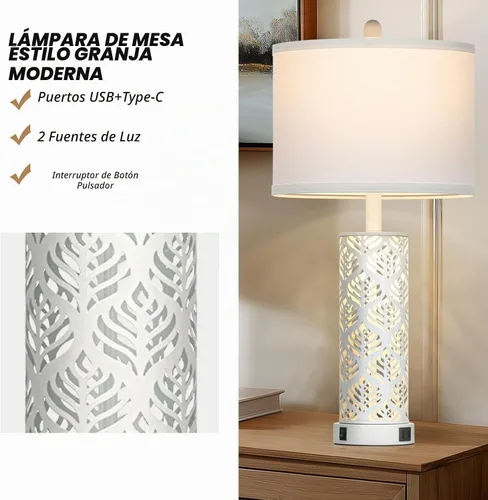 Vista 4 de Cinkeda - Juego de 2 lámparas de mesa rústicas para sala de estar, dormitorio, lámpara de mesita de noche de estilo granja vintage con 2 puertos