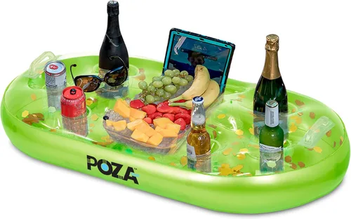 Vista 14 de POZA Hielera flotante inflable dorada – Lujoso soporte para bebidas relleno de confeti brillante, flotador de fiesta premium con 8 soportes, barra
