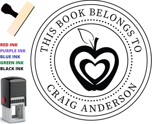 Vista 3 de ¡Elige tu diseño! Sello de nombre de libro de biblioteca personalizado. Pertenece a un mango de madera personalizado para profesores o maestros